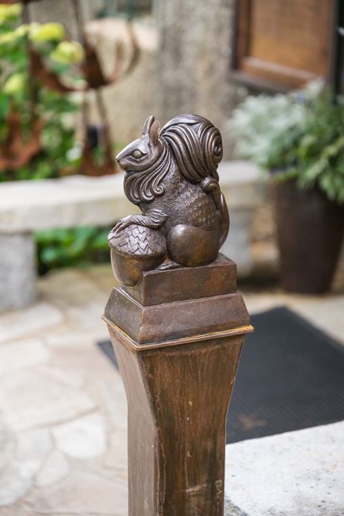 Bronze and steel squirrel sculpture by artist Todd Frahm.