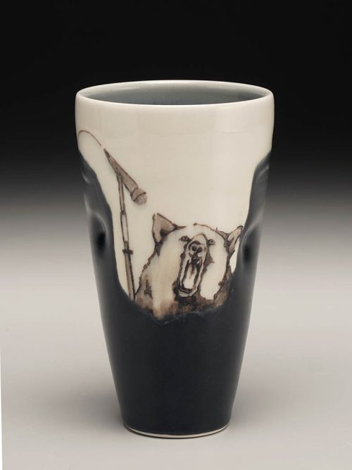A porcelain karaoke bear tumbler by artist Phil Haralam.