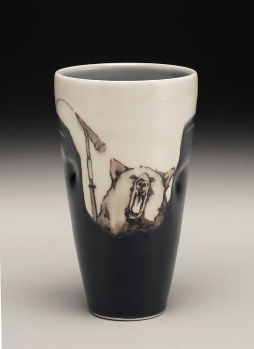 A porcelain karaoke bear tumbler by artist Phil Haralam.