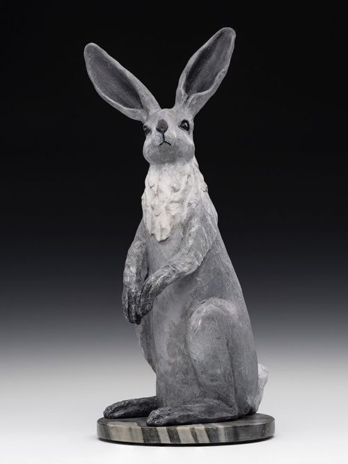 A ceramic rabbit sculpture titled What's Up by artist Tina Curry.