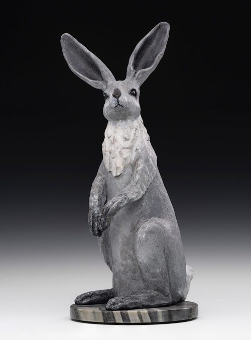 A ceramic rabbit sculpture titled What's Up by artist Tina Curry.