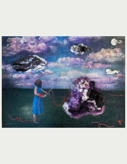 A mixed media painting by artist Yuli Anun titled Cutting Cords.