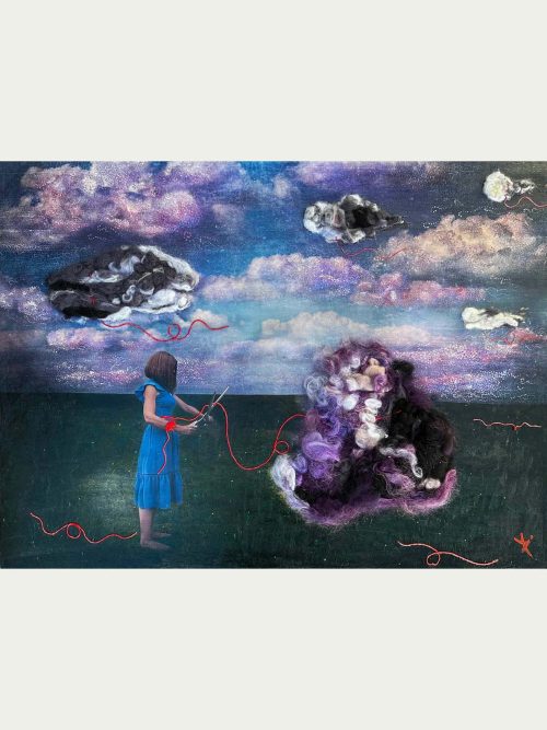 A mixed media painting by artist Yuli Anun titled Cutting Cords.