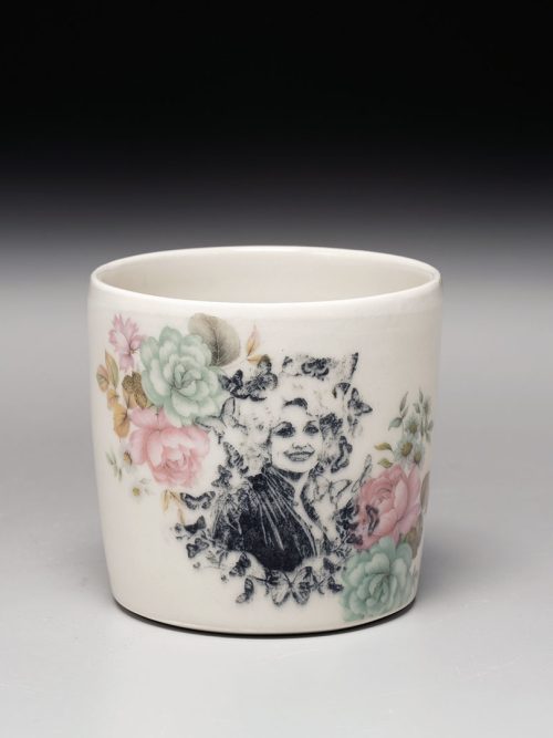 A porcelain Dolly Parton cup by North Carolina artist Camille Morin.