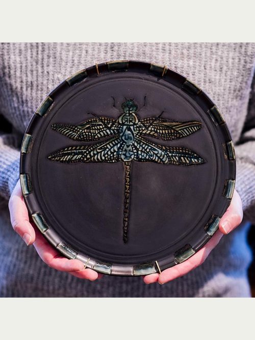 Pewter dragonfly plate by Leslie Green Guilbault.