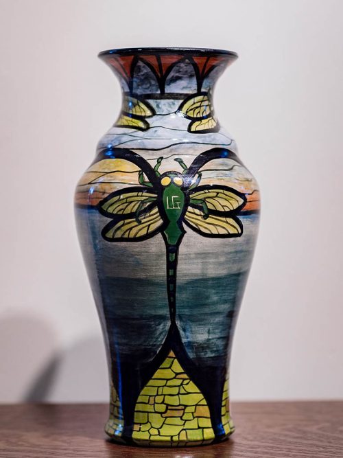 Ceramic dragonfly vase by artist Leslie Green Guilbault.