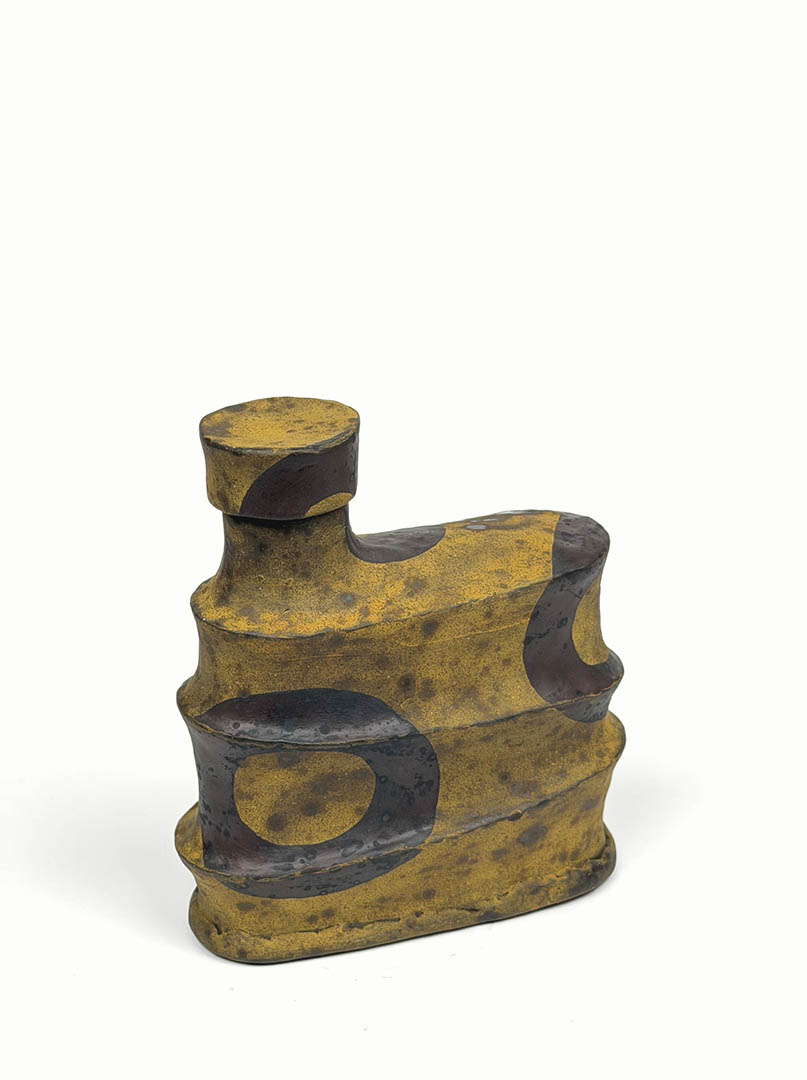 Ochre yellow stoneware flask by artist Kate Marotz.