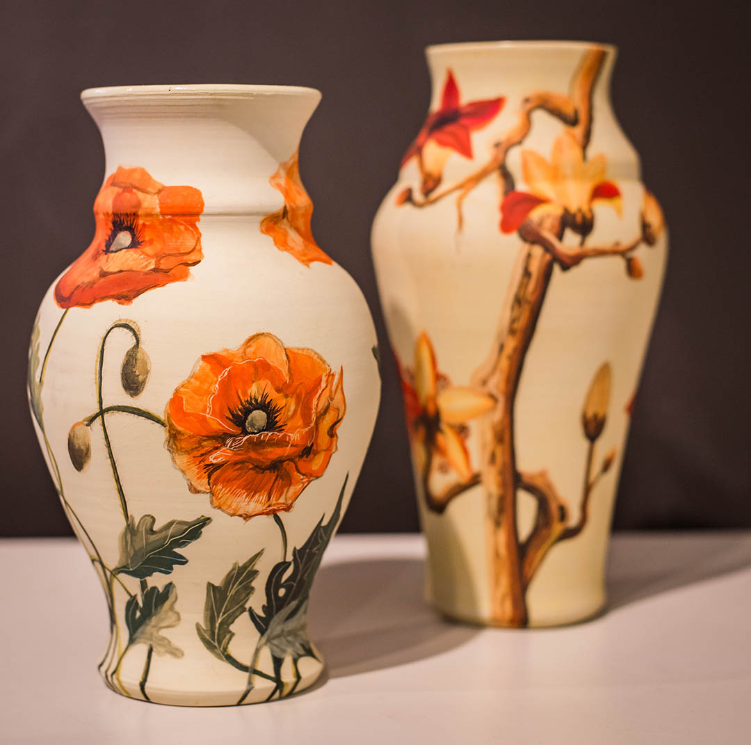 Orange Poppies vintage floral vase by Leslie Green Guilbault.