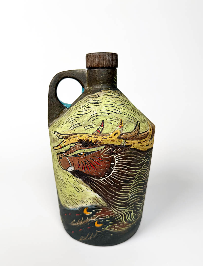 Stoneware luna stag bourbon bottle by Silver Run Ceramics.