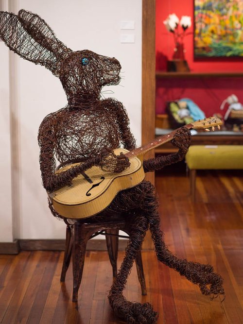 Django Reinhare wire hare sculpture by artist Josh Cote.