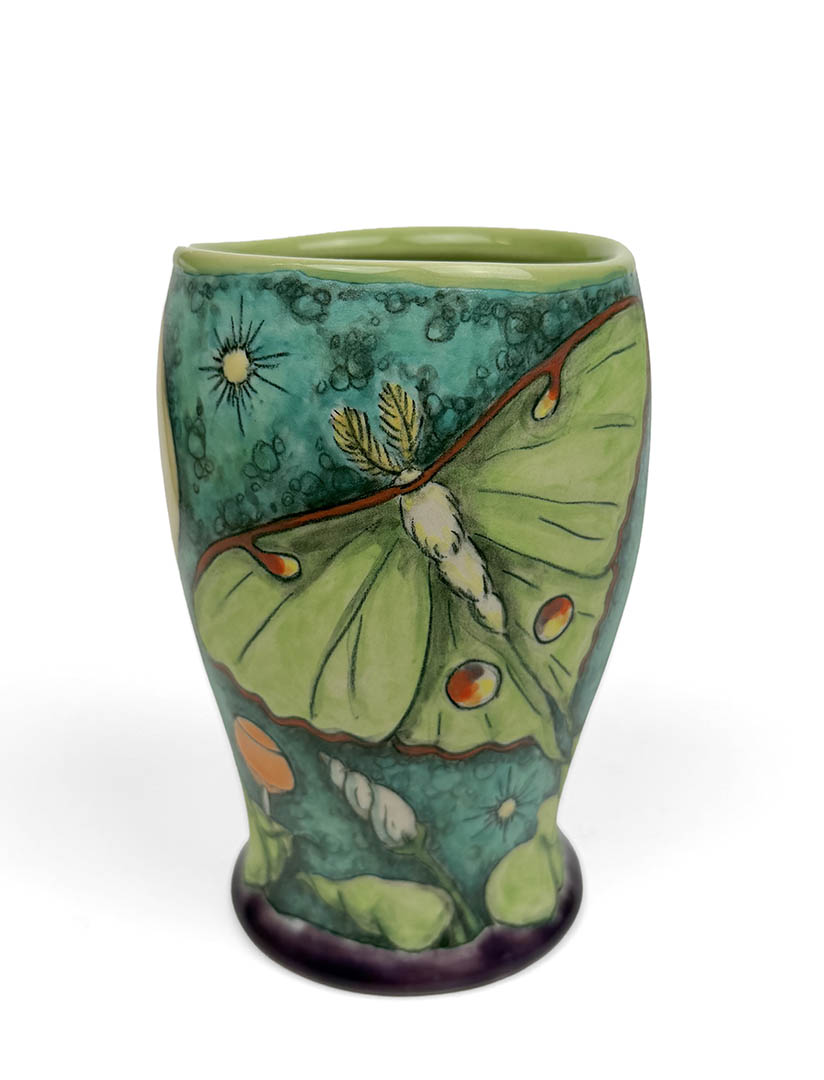 Handpainted luna moth cup by artist CJ Niehaus.