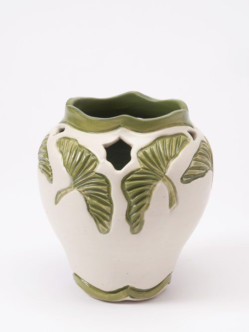 Ceramic ginkgo vase by Leslie Green Guilbault.