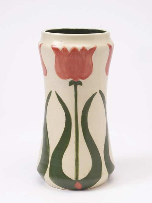 Ceramic pink tulip vase by Leslie Green Guilbault.