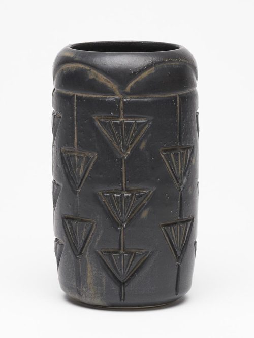 Handcarved ceramic gunmetal vase by artist Leslie Green Guilbault.